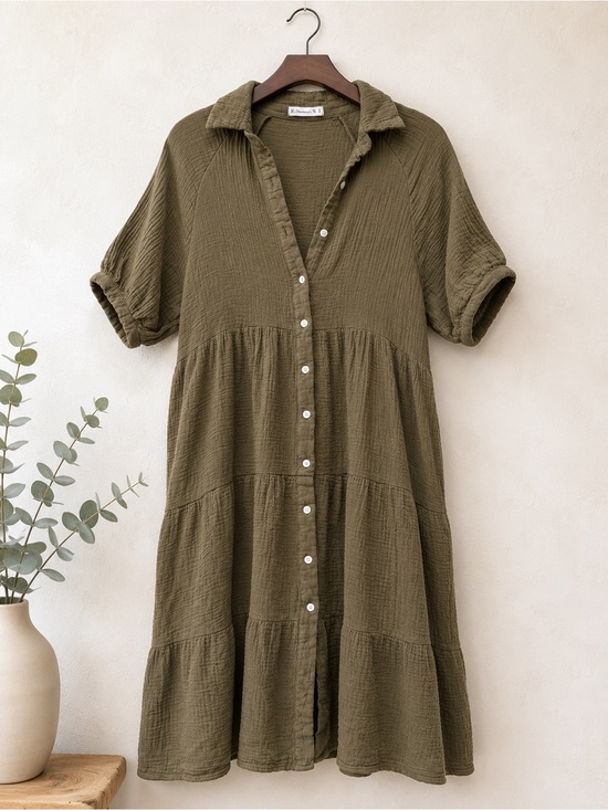 R Vivimos Dresses & Skirts - R. Vivimos Olive 100% Cotton Gauze Tiered Shirt Dress S Pockets
